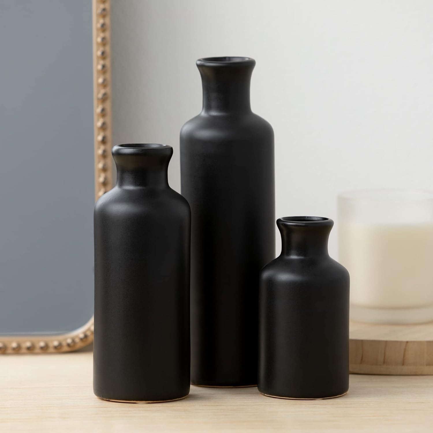 Ceramic Black Vase Set, Modern Home Decor Decorative Vases for Your Kitchen, Bedroom, Office, Living Room, Bathroom, & Shelf Decor, Centerpiece Table Decorations, Small Vases (CM3038)